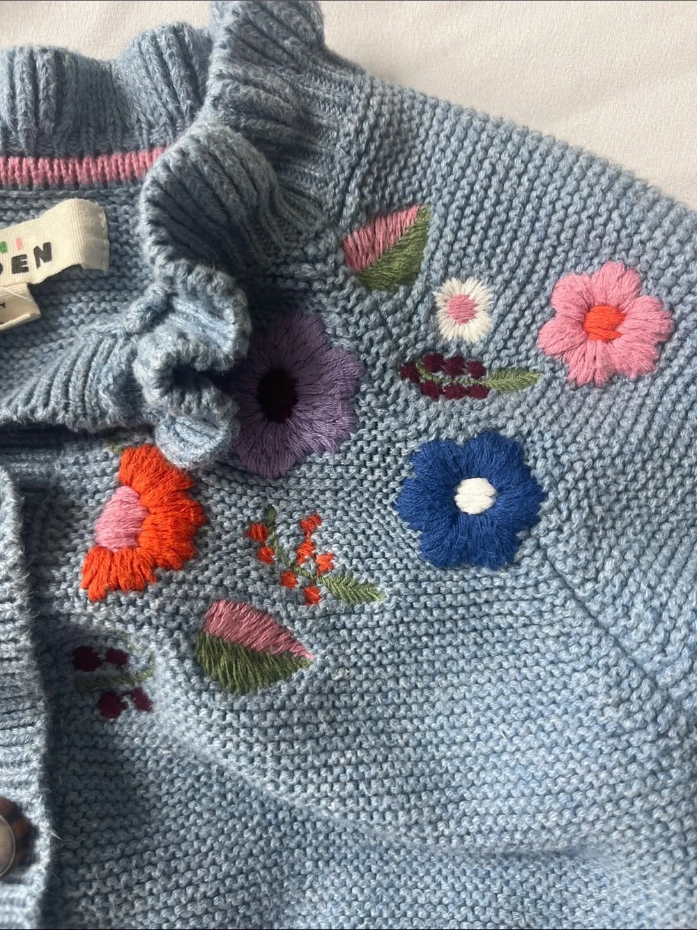 Mini Boden Light Blue Knit Cardigan with Multicolored Floral Embroidery
